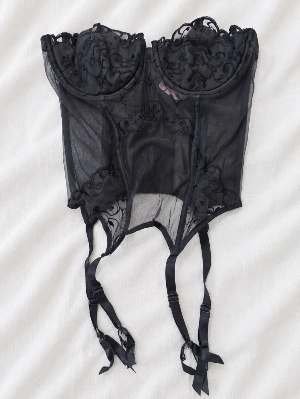 Vintage Y2K Victoria's Secret Black Embroidered Sheer Bustier with Garters 34B